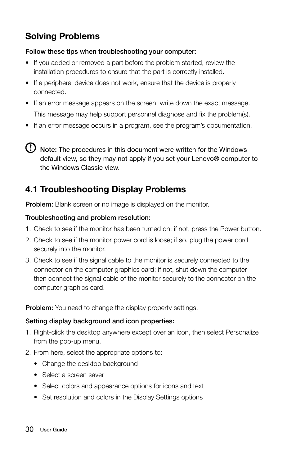 1 troubleshooting display problems, Solving problems | Lenovo IdeaCentre K315 User Manual | Page 35 / 39