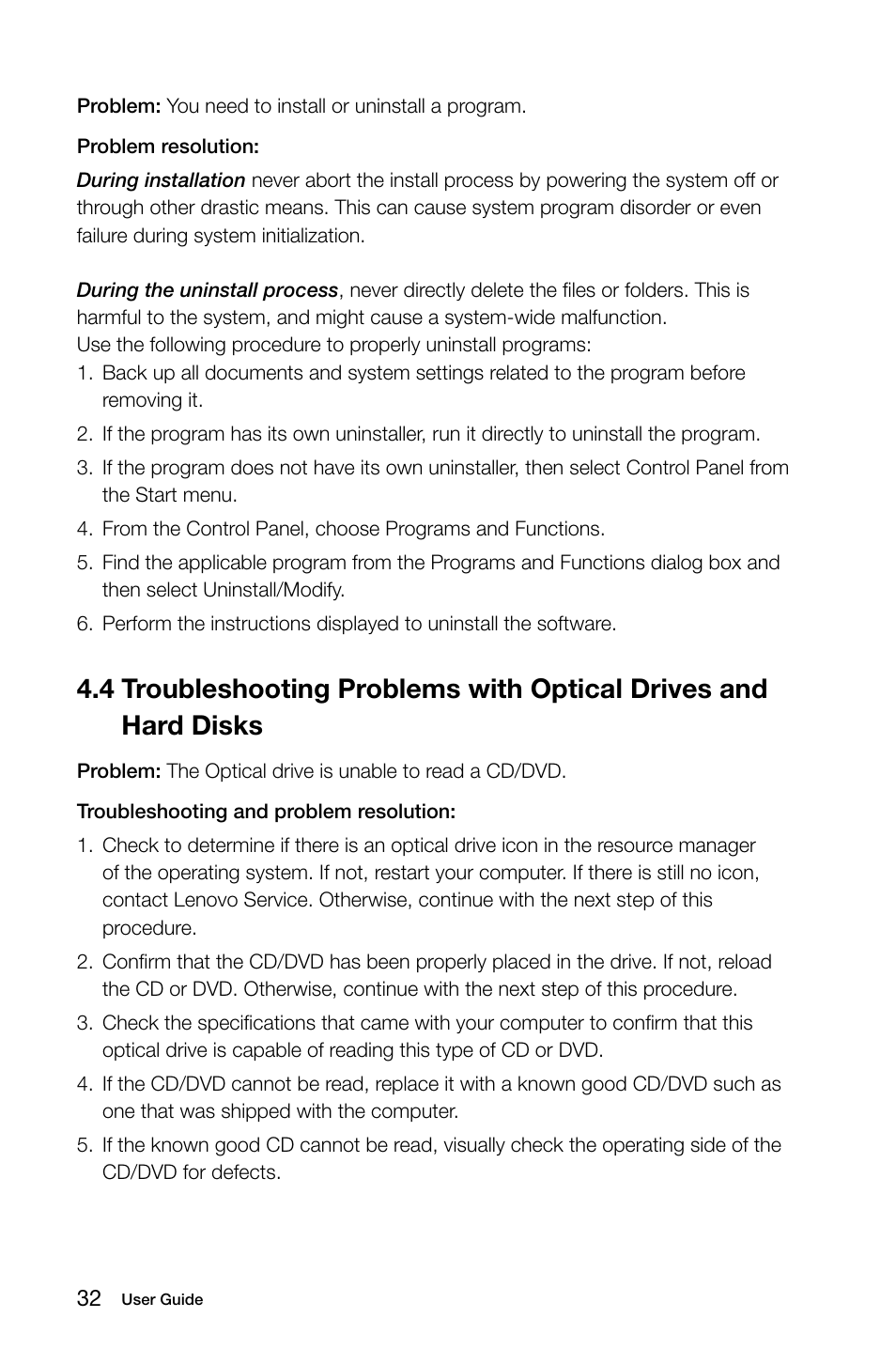 4 troubleshooting problems with optical drives and, Hard disks | Lenovo IdeaCentre K315 User Manual | Page 37 / 39