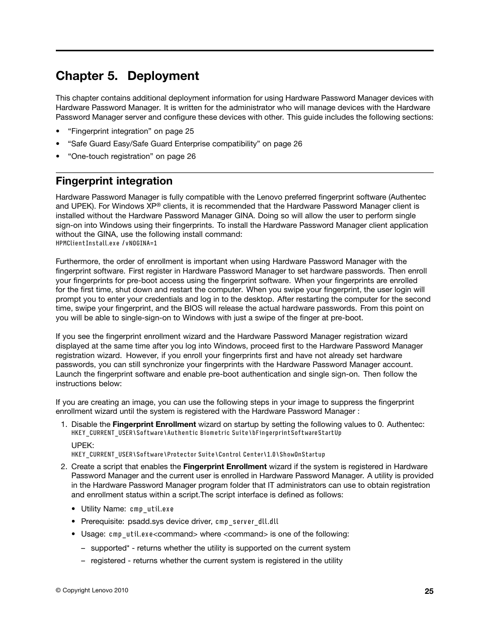 Chapter 5. deployment, Fingerprint integration | Lenovo ThinkVantage (Hardware Password Manager Deployment Guide) User Manual | Page 33 / 60