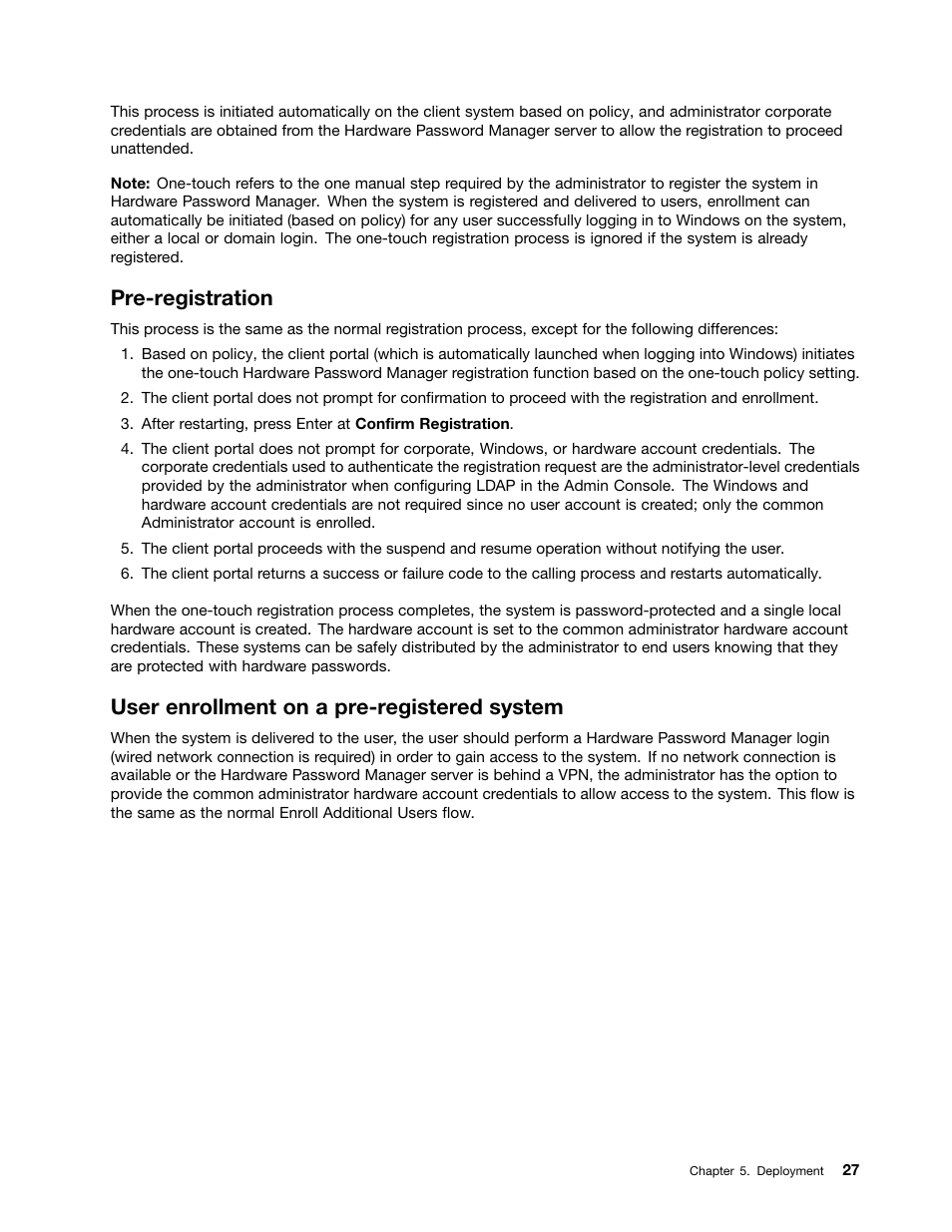 Pre-registration, User enrollment on a pre-registered system | Lenovo ThinkVantage (Hardware Password Manager Deployment Guide) User Manual | Page 35 / 60