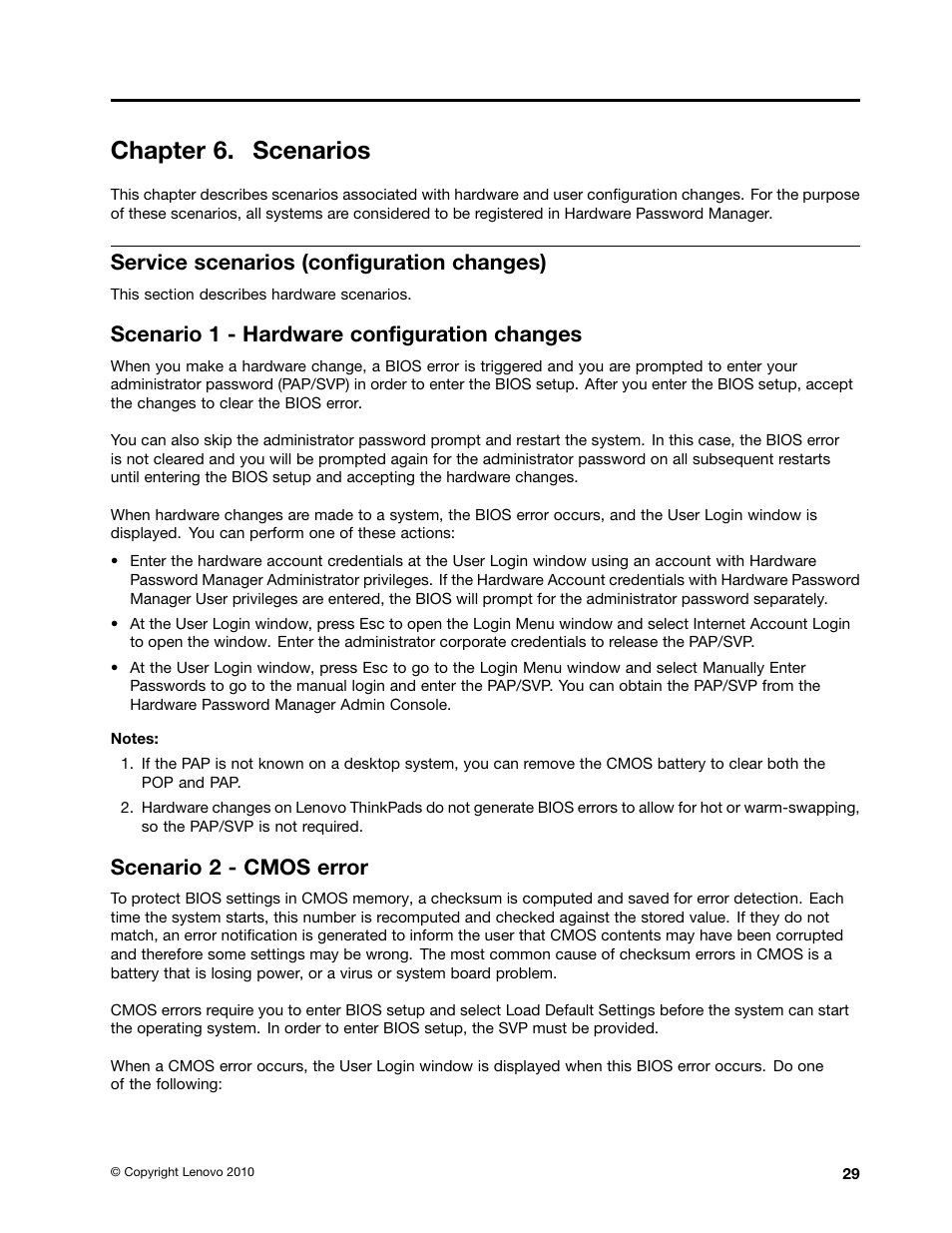 Chapter 6. scenarios, Service scenarios (configuration changes), Scenario 1 - hardware configuration changes | Scenario 2 - cmos error | Lenovo ThinkVantage (Hardware Password Manager Deployment Guide) User Manual | Page 37 / 60