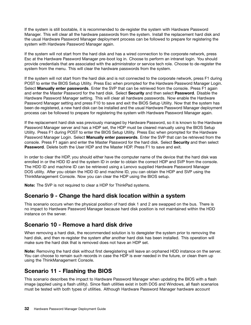 Scenario 10 - remove a hard disk drive, Scenario 11 - flashing the bios | Lenovo ThinkVantage (Hardware Password Manager Deployment Guide) User Manual | Page 40 / 60