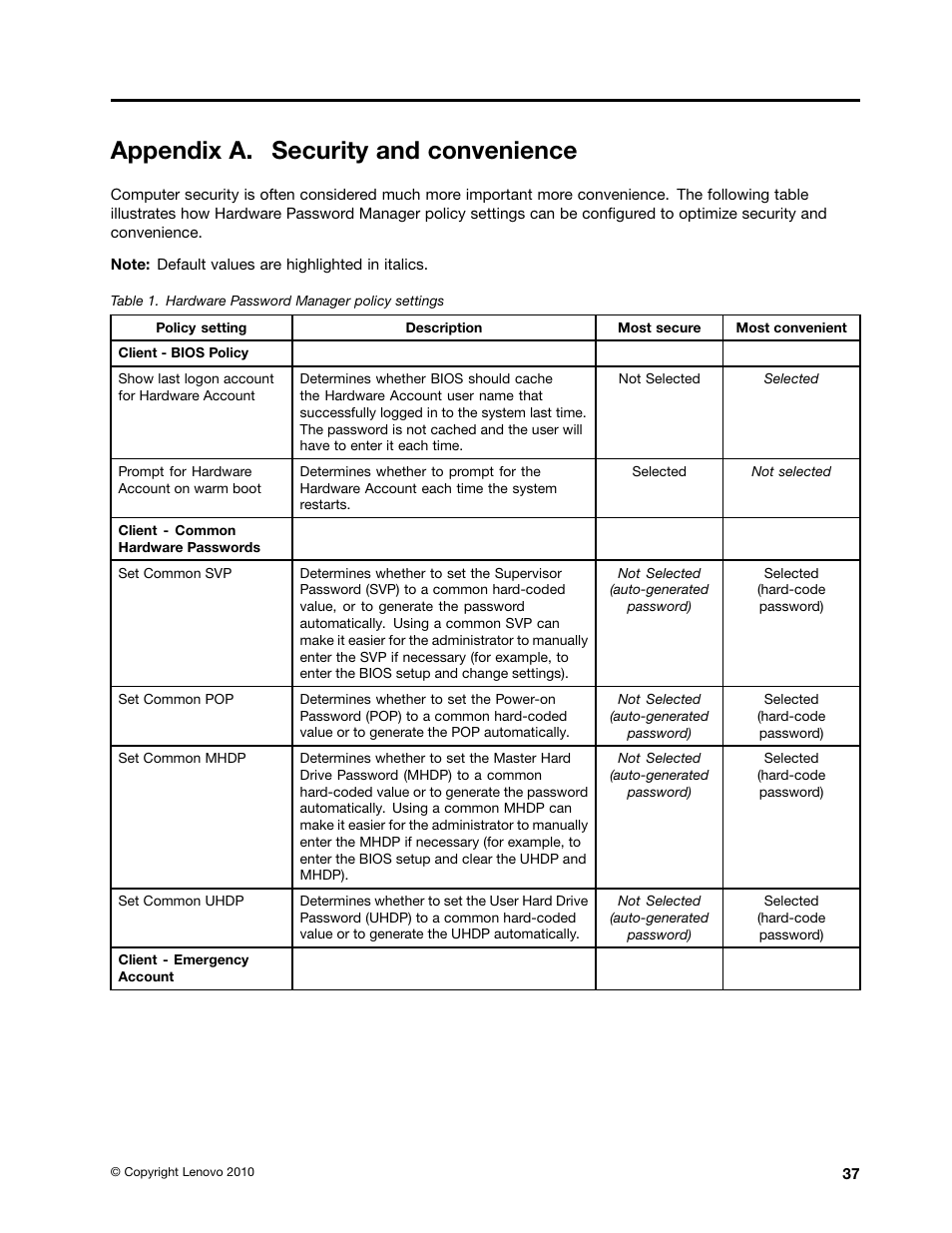 Appendix a. security and convenience | Lenovo ThinkVantage (Hardware Password Manager Deployment Guide) User Manual | Page 45 / 60