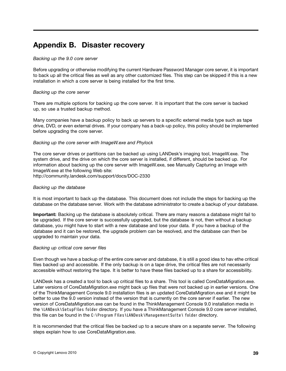 Appendix b. disaster recovery | Lenovo ThinkVantage (Hardware Password Manager Deployment Guide) User Manual | Page 47 / 60