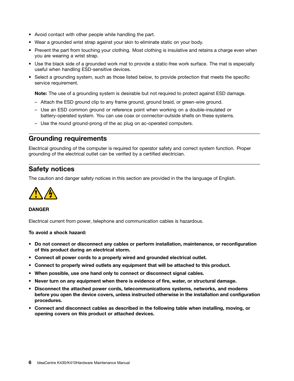 Grounding requirements, Safety notices | Lenovo IdeaCentre K430 User Manual | Page 12 / 57