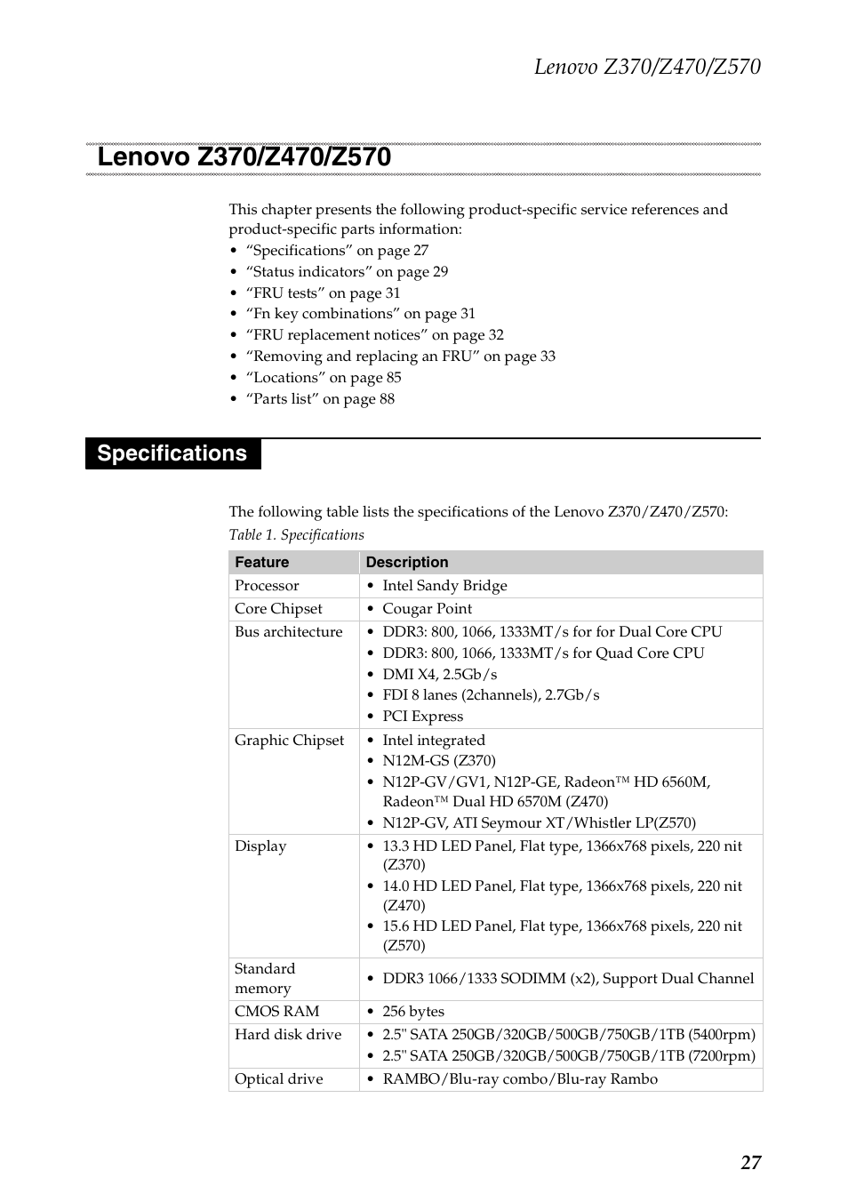 Lenovo z370/z470/z570, Specifications, Lenovo z370/z470/z570 specifications | Lenovo IdeaPad Z570 User Manual | Page 31 / 120