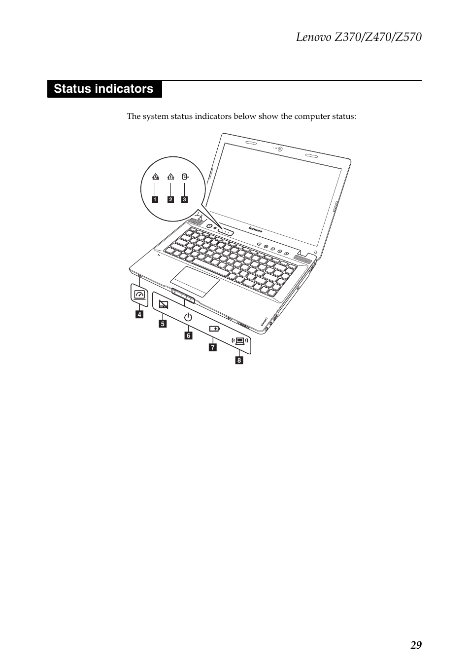 Status indicators | Lenovo IdeaPad Z570 User Manual | Page 33 / 120