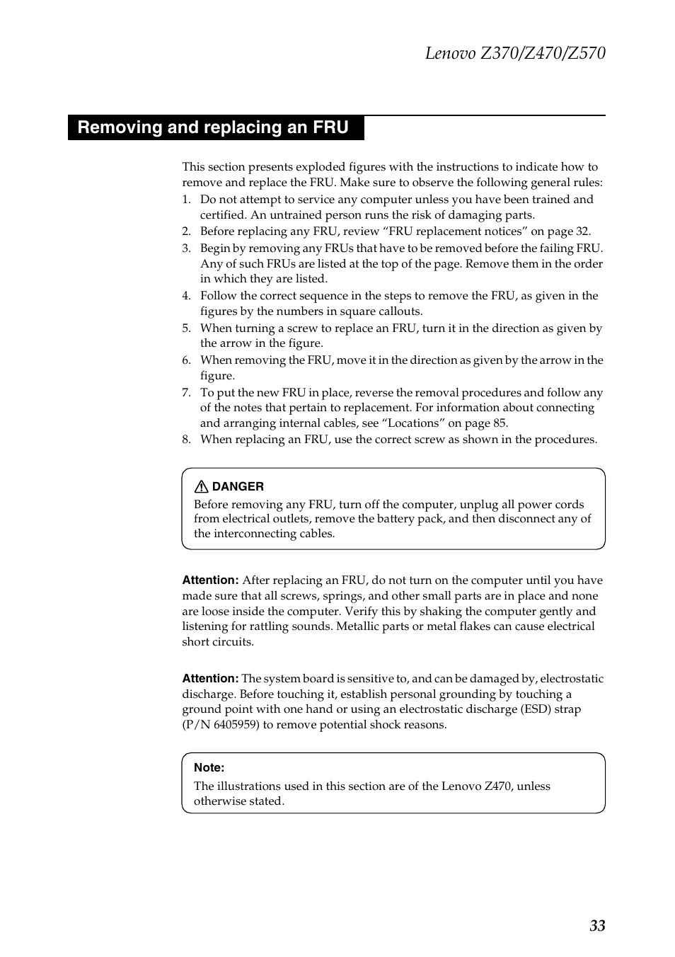 Removing and replacing an fru | Lenovo IdeaPad Z570 User Manual | Page 37 / 120