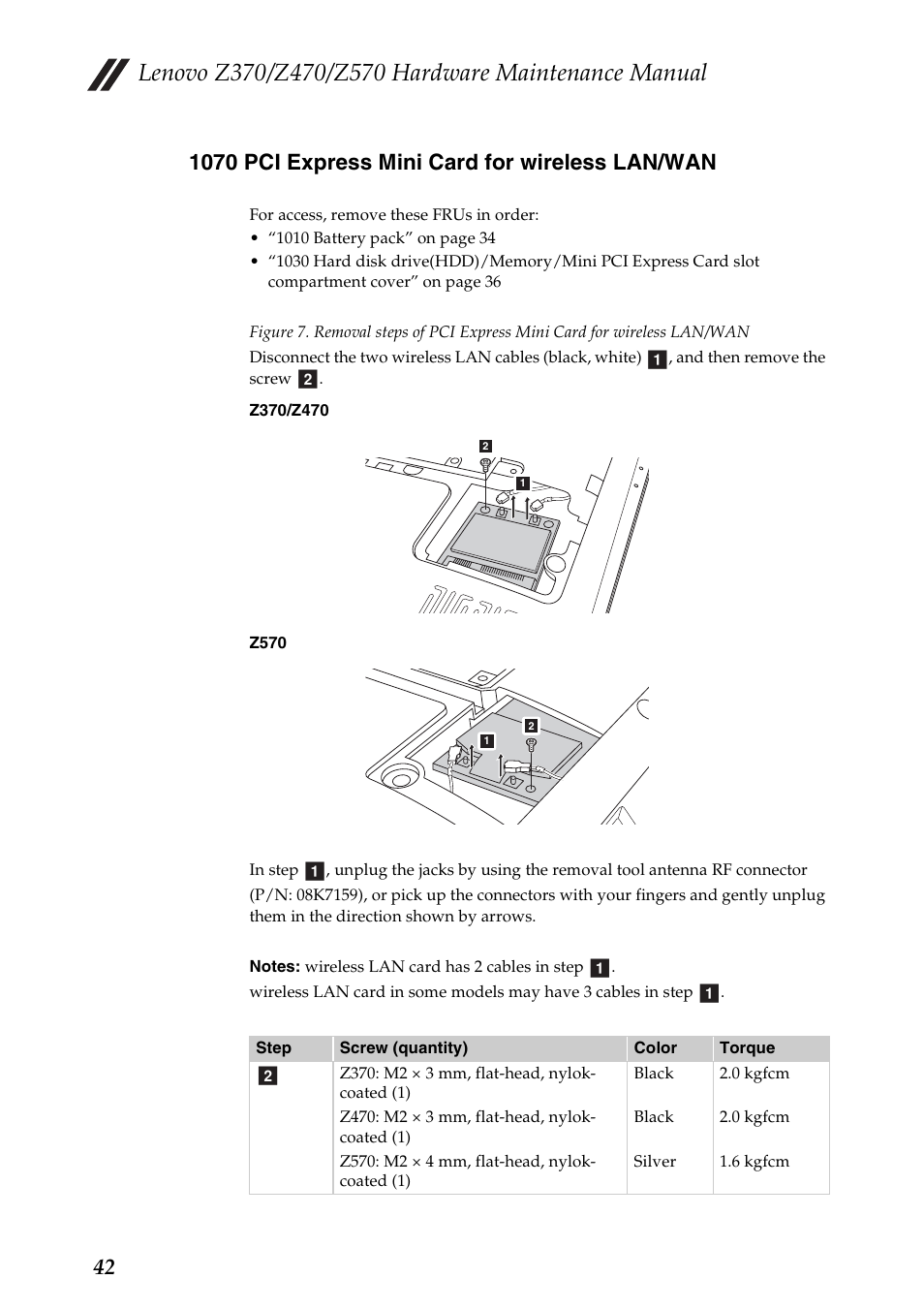 1070 pci express mini card for wireless lan/wan | Lenovo IdeaPad Z570 User Manual | Page 46 / 120