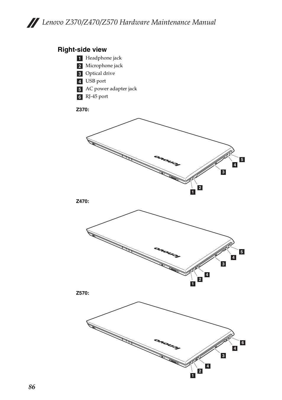 Right-side view, 86 right-side view | Lenovo IdeaPad Z570 User Manual | Page 90 / 120