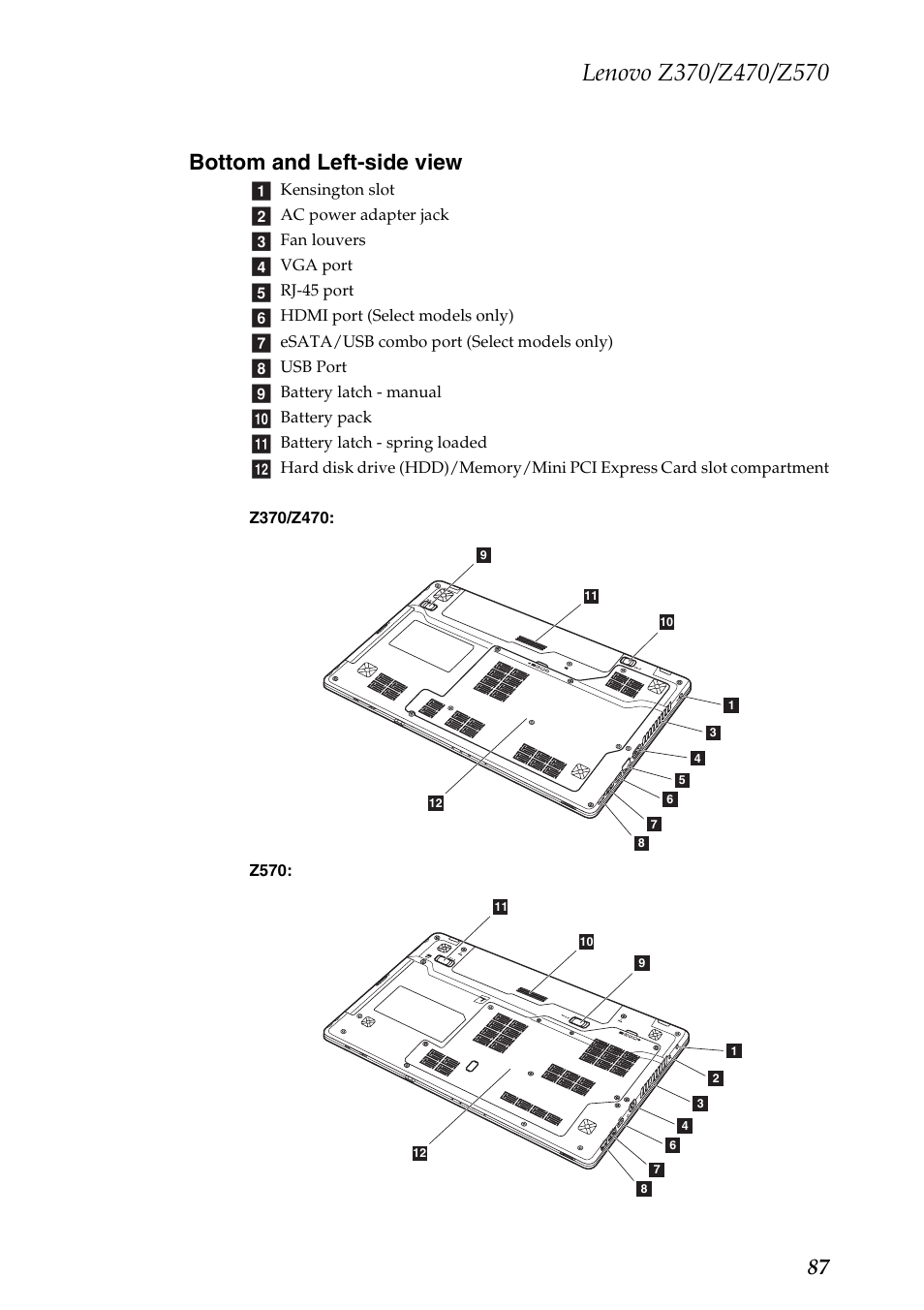 Bottom and left-side view, 87 bottom and left-side view | Lenovo IdeaPad Z570 User Manual | Page 91 / 120