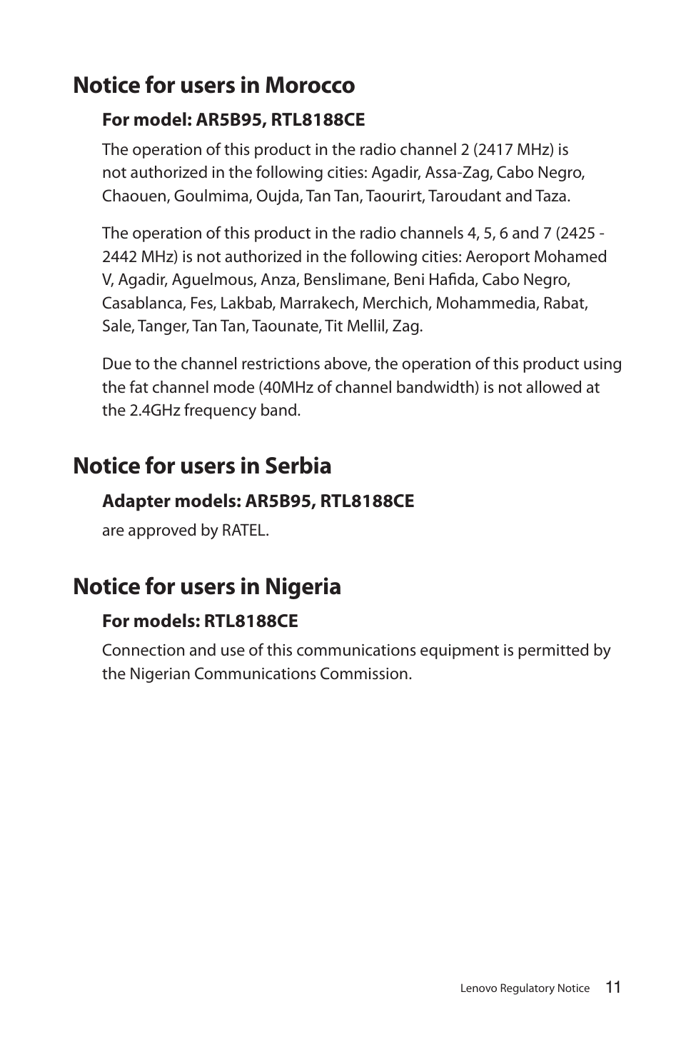 Notice for users in morocco, Notice for users in serbia, Notice for users in nigeria | Lenovo IdeaCentre Q180 User Manual | Page 12 / 35