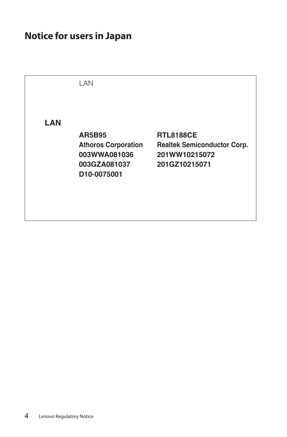 Notice for users in japan, 内蔵無線アダプターを日本国内でご使用になる際の注意 | Lenovo IdeaCentre Q180 User Manual | Page 5 / 35
