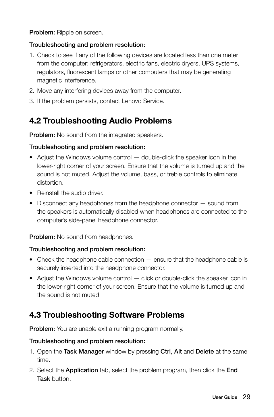 2 troubleshooting audio problems, 3 troubleshooting software problems | Lenovo IdeaCentre K330B User Manual | Page 34 / 37