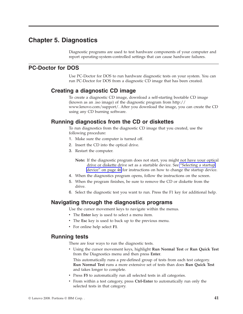 Chapter 5. diagnostics, Pc-doctor for dos, Creating a diagnostic cd image | Running diagnostics from the cd or diskettes, Navigating through the diagnostics programs, Running tests, Chapter, Diagnostics, Pc-doctor, Creating | Lenovo Secure Managed Client User Manual | Page 47 / 100