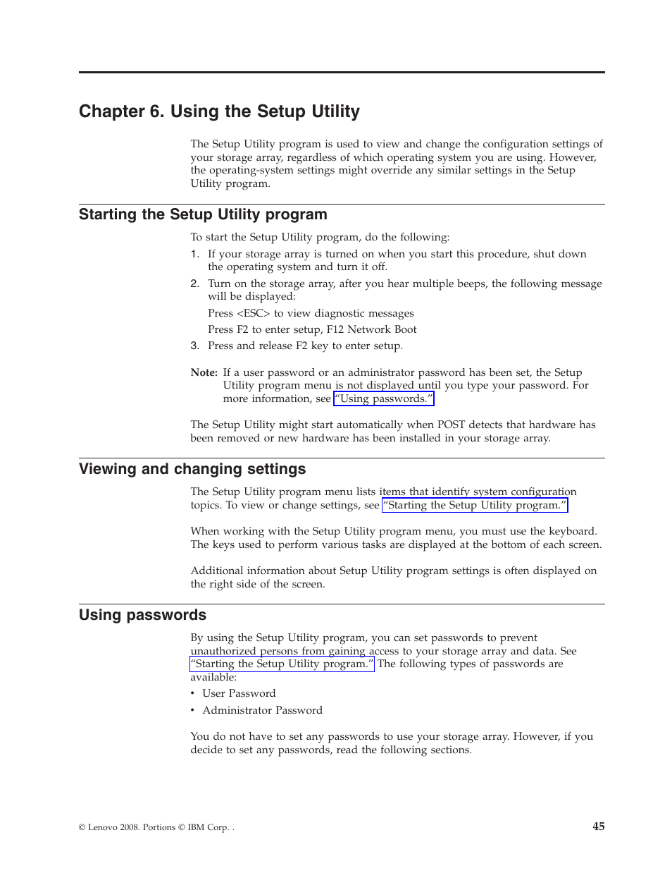 Chapter 6. using the setup utility, Starting the setup utility program, Viewing and changing settings | Using passwords, Chapter, Using, Setup, Utility, Starting, Program | Lenovo Secure Managed Client User Manual | Page 51 / 100