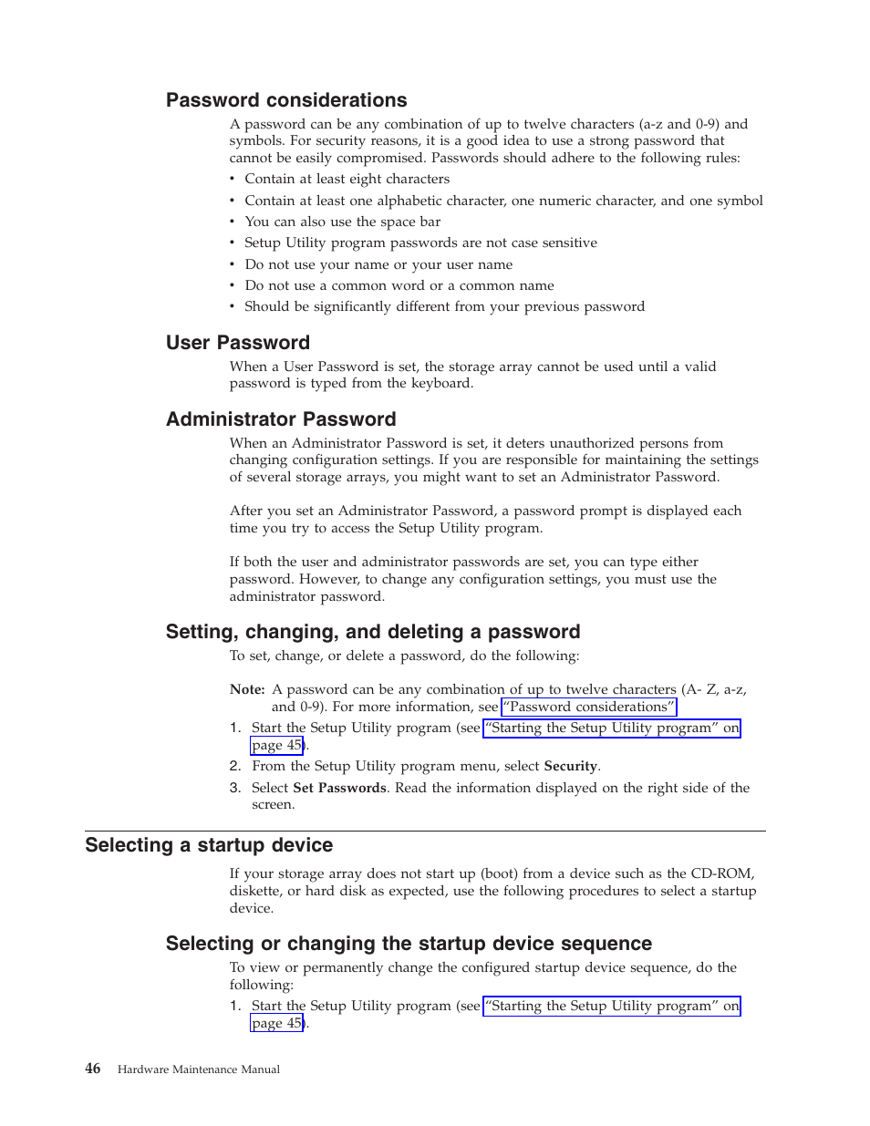 Password considerations, User password, Administrator password | Setting, changing, and deleting a password, Selecting a startup device, Selecting or changing the startup device sequence, Password, Considerations, User, Administrator | Lenovo Secure Managed Client User Manual | Page 52 / 100