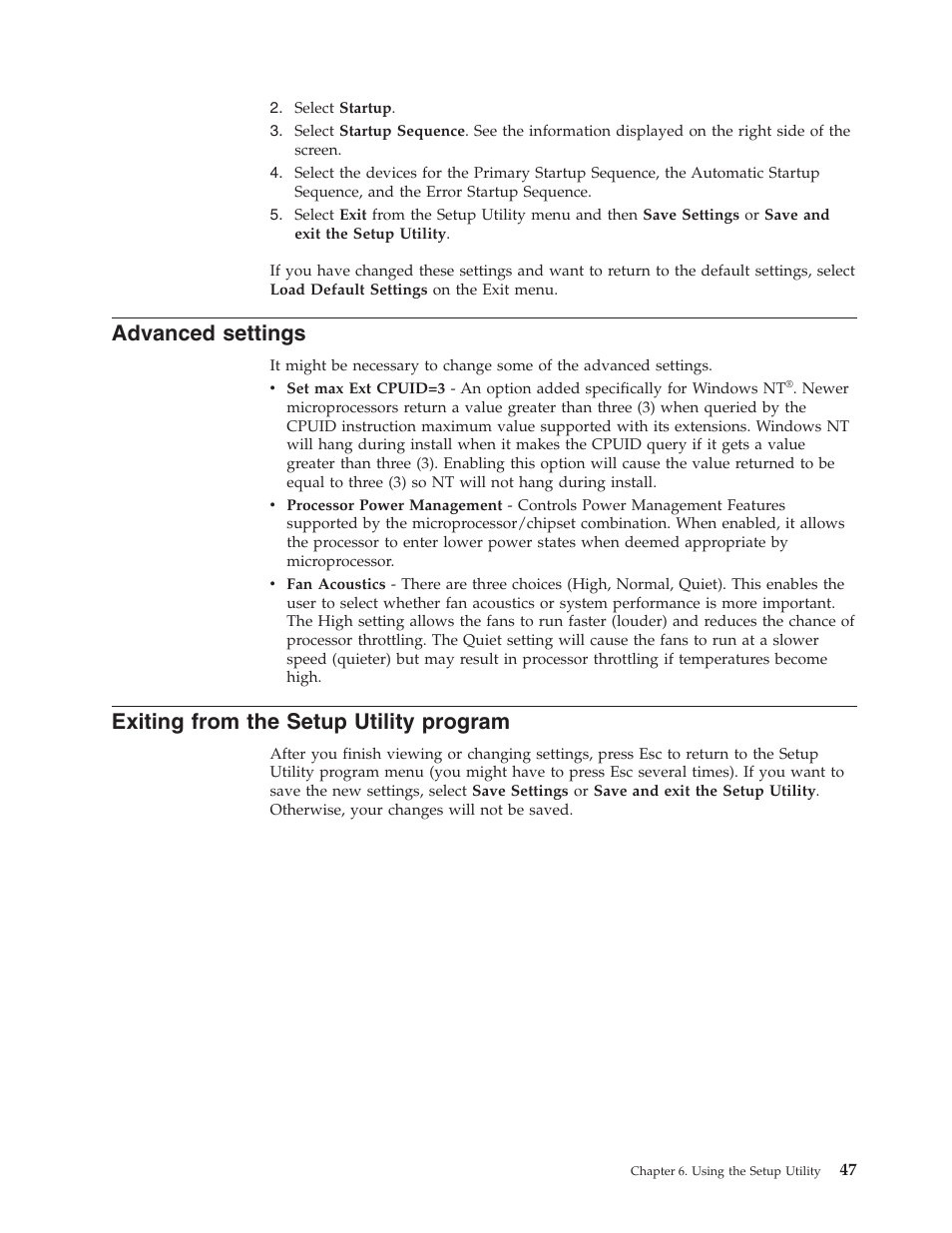 Advanced settings, Exiting from the setup utility program, Advanced | Settings, Exiting, From, Setup, Utility, Program | Lenovo Secure Managed Client User Manual | Page 53 / 100