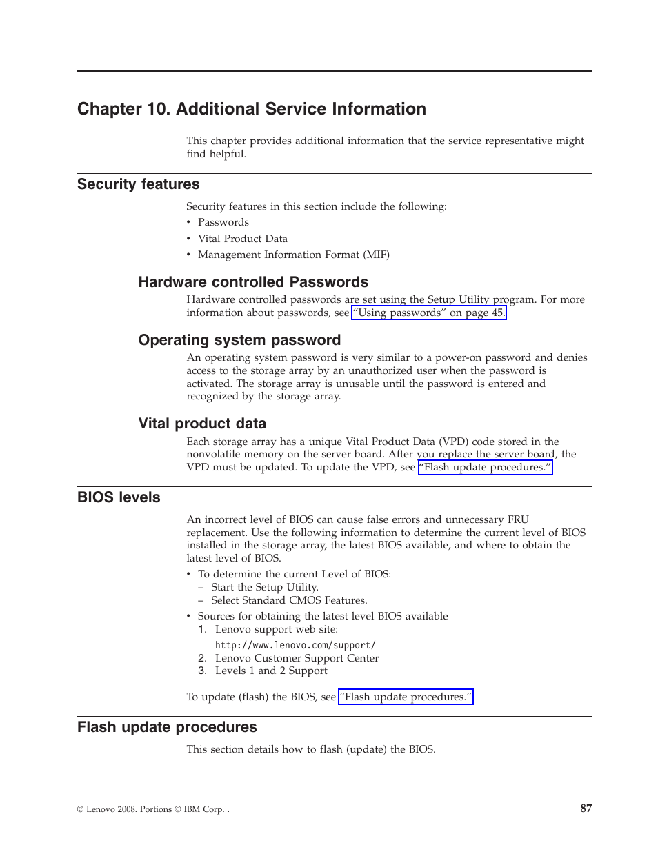 Chapter 10. additional service information, Security features, Hardware controlled passwords | Operating system password, Vital product data, Bios levels, Flash update procedures, Chapter, Additional, Service | Lenovo Secure Managed Client User Manual | Page 93 / 100