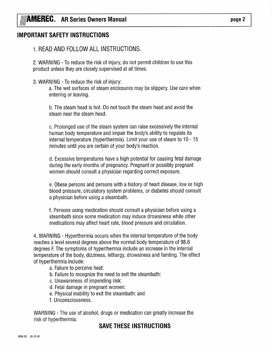 Amereg. ar series owners manual, Important safety instructions, Read and follow all instructions | Save these instructions, Amereg, 1 . read and follow all instructions, Ar series owners manual | Amerec AR Series User Manual | Page 2 / 3