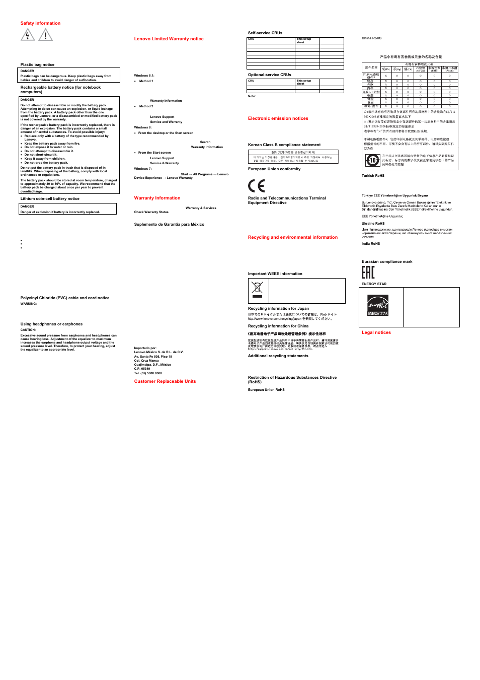 Safety information, Plastic bag notice, Lithium coin-cell battery notice | Polyvinyl chloride (pvc) cable and cord notice, Using headphones or earphones, Lenovo limited warranty notice, Warranty information, Suplemento de garantía para méxico, Customer replaceable units, Self-service crus | Lenovo ThinkPad Edge E145 User Manual | Page 2 / 2