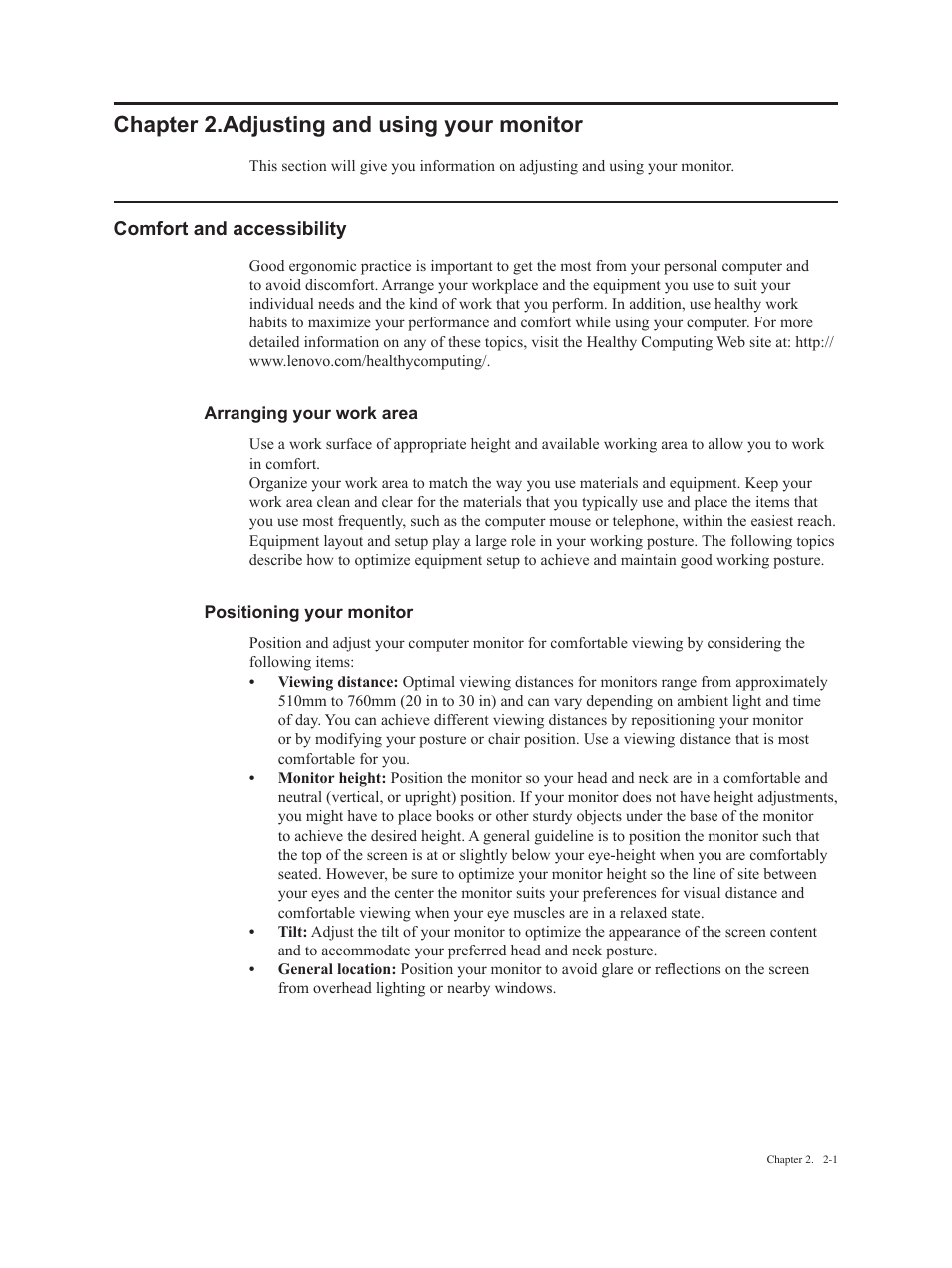 Chapter 2.adjusting and using your monitor, Comfort and accessibility, Arranging your work area | Positioning your monitor, Chapter 2. adjusting and using your monitor -1, Comfort and accessibility -1 | Lenovo ThinkVision E2223s 21.5-inch FHD WLED Backlit LCD Monitor User Manual | Page 11 / 32