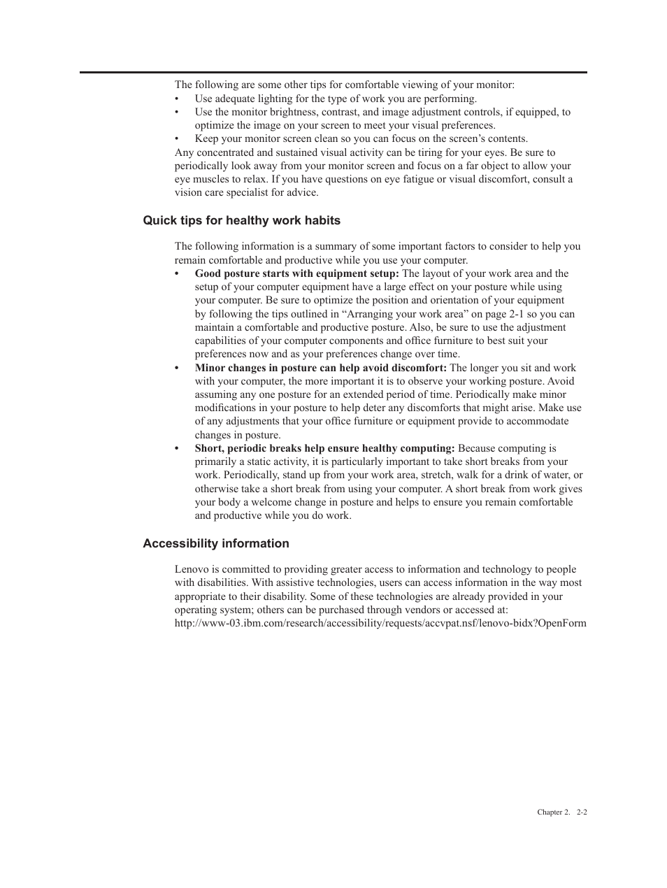 Quick tips for healthy work habits, Accessibility information | Lenovo ThinkVision E2223s 21.5-inch FHD WLED Backlit LCD Monitor User Manual | Page 12 / 32