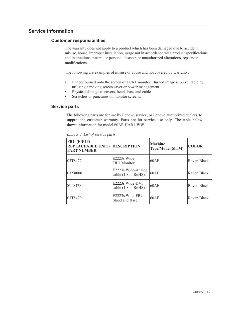 Service information -7, Customer responsibilities -7 service parts -7 | Lenovo ThinkVision E2223s 21.5-inch FHD WLED Backlit LCD Monitor User Manual | Page 26 / 32