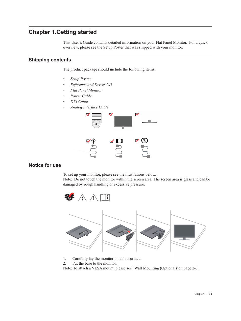 Chapter 1.getting started, Shipping contents, Notice for use | Chapter 1. getting started, Shipping contents -1 notice for use -1 | Lenovo ThinkVision E2223s 21.5-inch FHD WLED Backlit LCD Monitor User Manual | Page 5 / 32