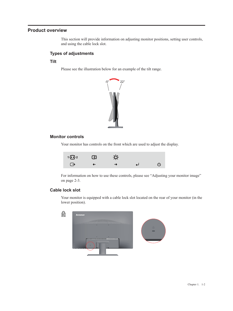 Product overview, Types of adjustments, Tilt | Monitor controls, Cable lock slot, Product overview -2, Tilt -2 monitor controls -2 cable lock slot -2 | Lenovo ThinkVision E2223s 21.5-inch FHD WLED Backlit LCD Monitor User Manual | Page 6 / 32