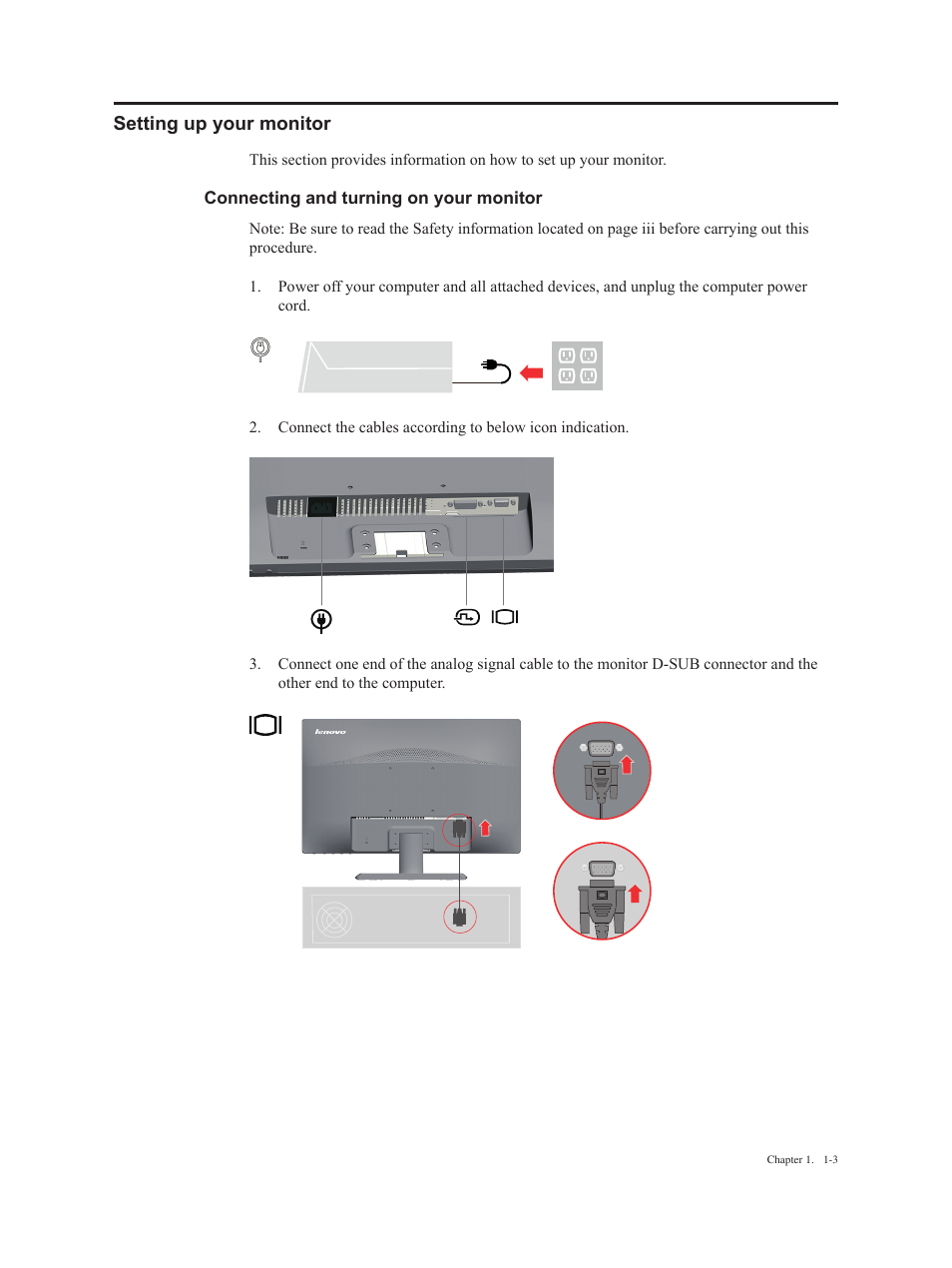 Setting up your monitor, Connecting and turning on your monitor, Setting up your monitor -3 | Connecting and turning on your monitor -3 | Lenovo ThinkVision E2223s 21.5-inch FHD WLED Backlit LCD Monitor User Manual | Page 7 / 32