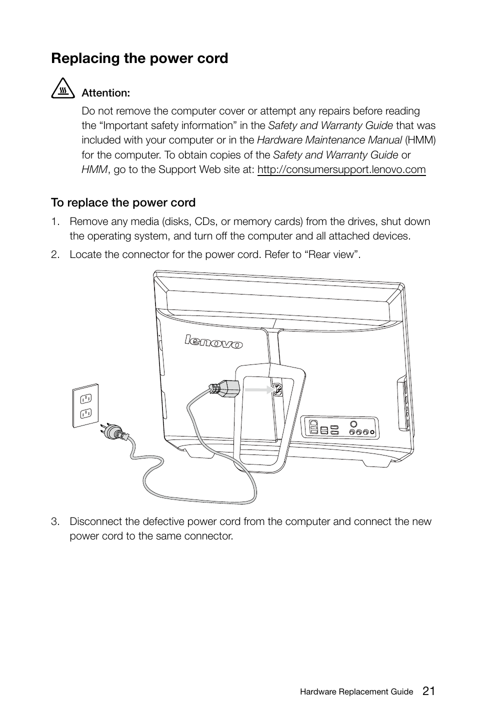 Replacing the power cord | Lenovo IdeaCentre B520e User Manual | Page 26 / 29