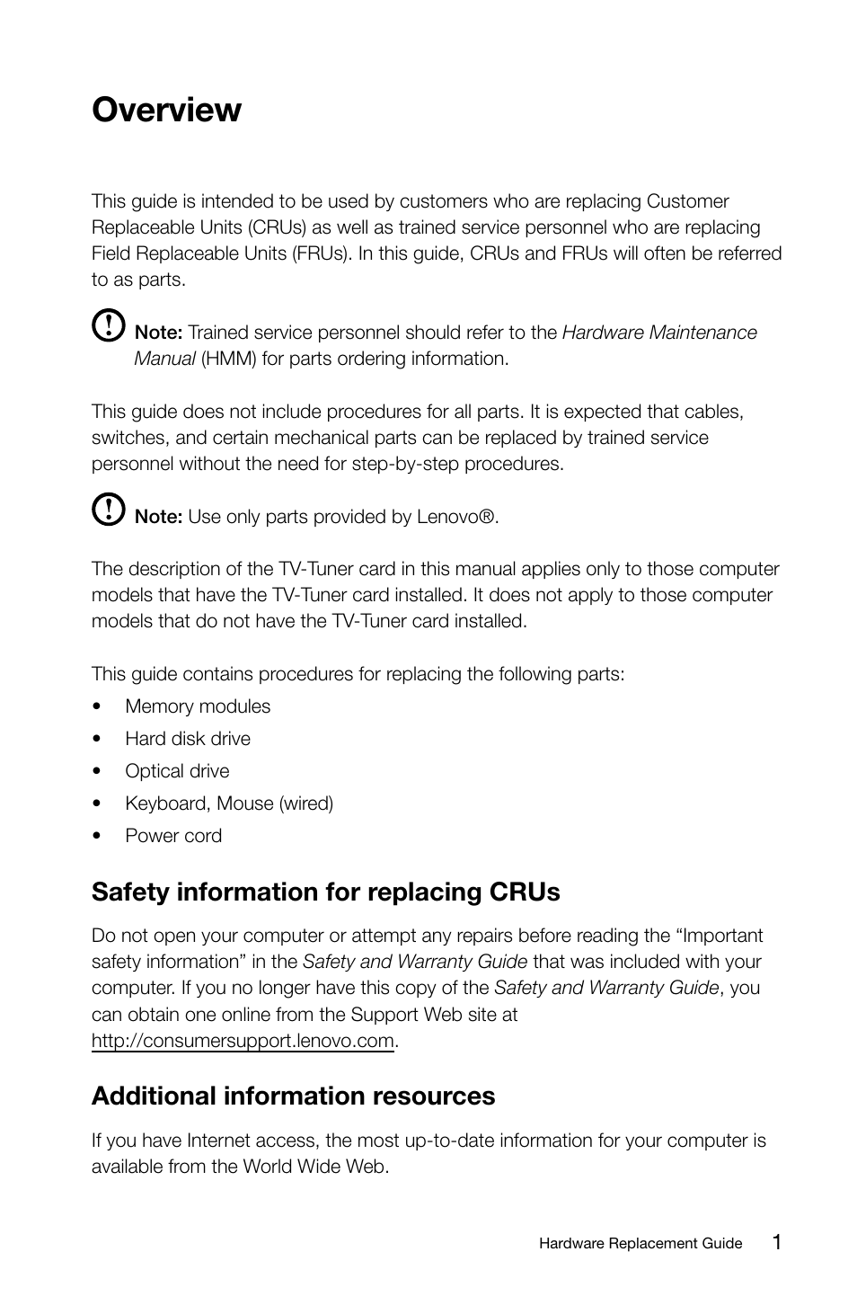 Overview, Safety information for replacing crus, Additional information resources | Lenovo IdeaCentre B520e User Manual | Page 6 / 29