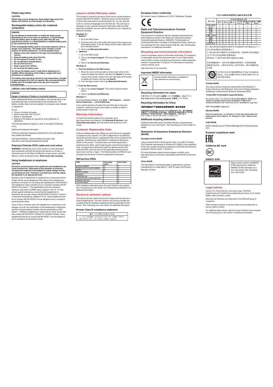 Plastic bag notice, Lithium coin-cell battery notice, Polyvinyl chloride (pvc) cable and cord notice | Using headphones or earphones, Lenovo limited warranty notice, Warranty information, Customer replaceable units, Self-service crus, Electronic emission notices, Korean class b compliance statement | Lenovo ThinkPad X140e User Manual | Page 2 / 2