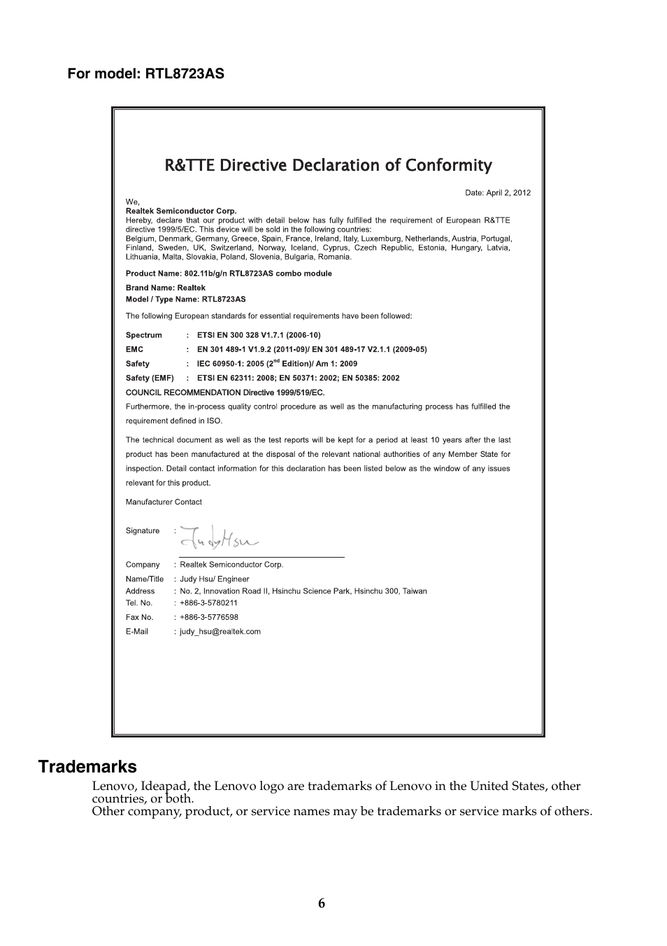 Trademarks | Lenovo Yoga 11s Notebook IdeaPad User Manual | Page 7 / 8