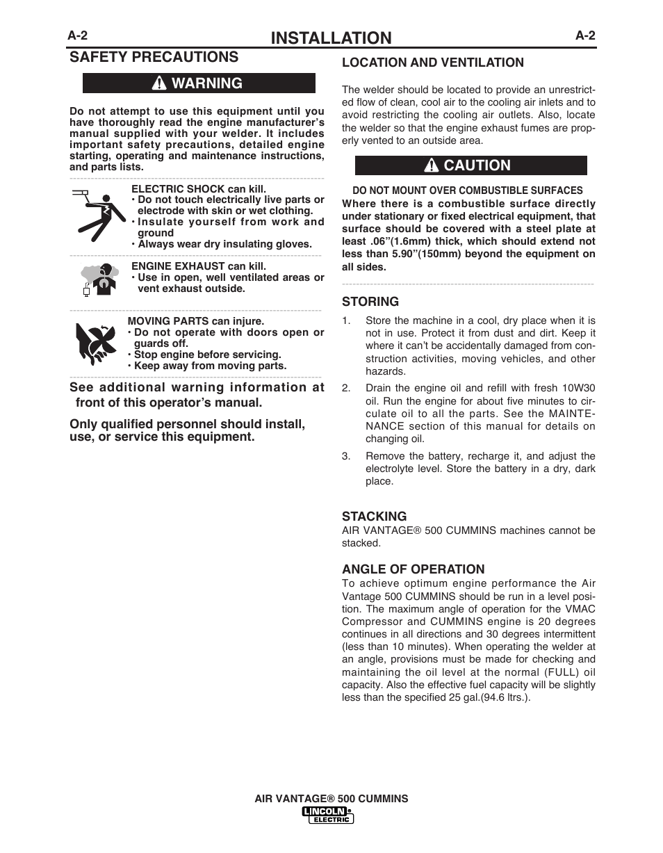 Installation, Safety precautions, Warning | Caution | Lincoln Electric AIR VANTAGE IM10065 User Manual | Page 12 / 54