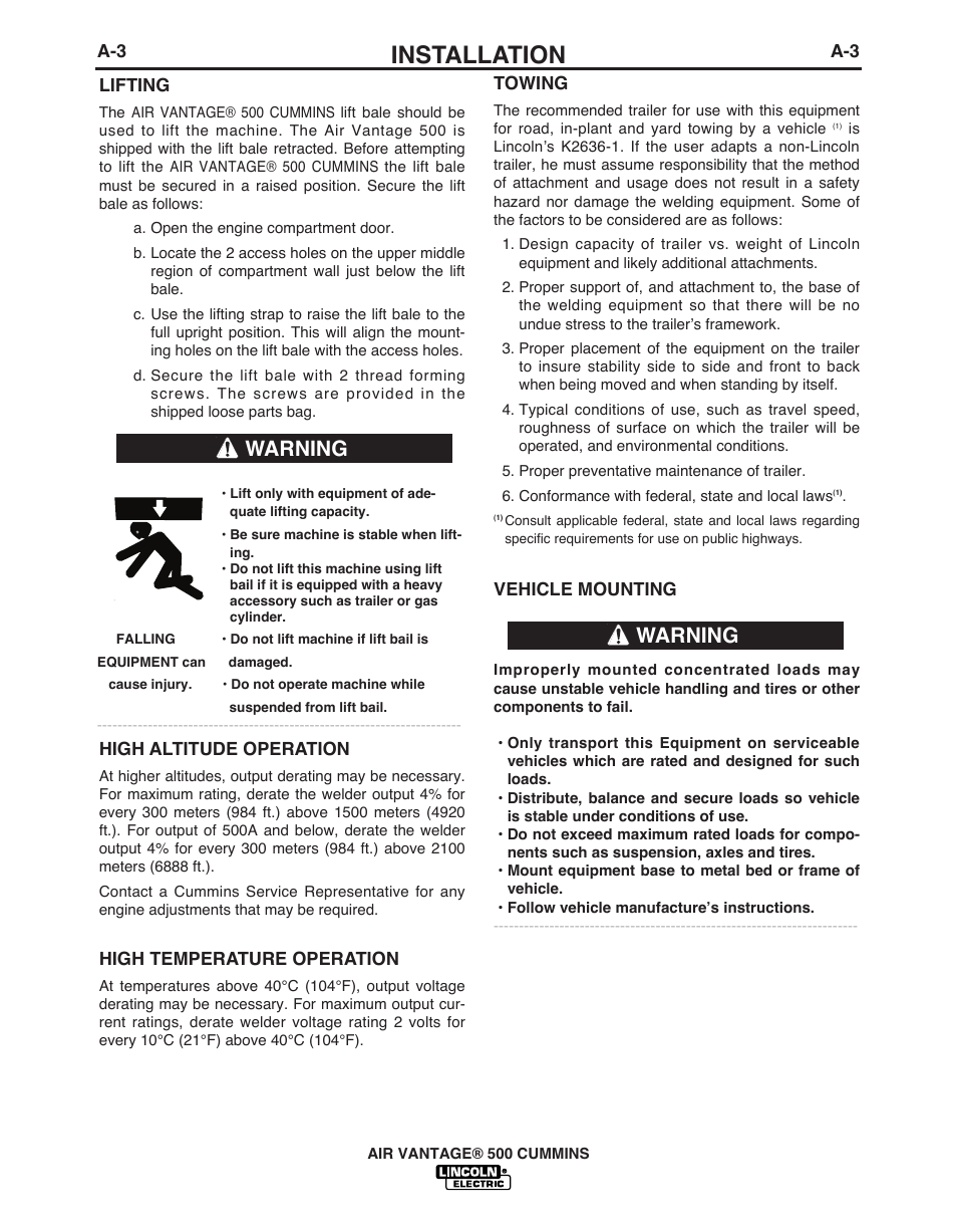 Installation, Warning | Lincoln Electric AIR VANTAGE IM10065 User Manual | Page 13 / 54