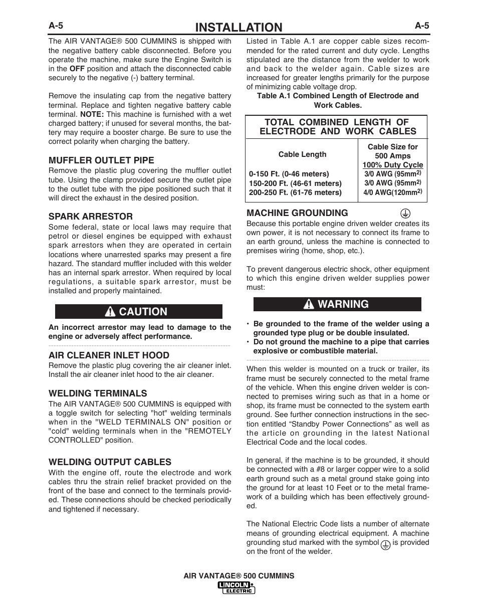 Installation, Caution, Warning | Lincoln Electric AIR VANTAGE IM10065 User Manual | Page 15 / 54