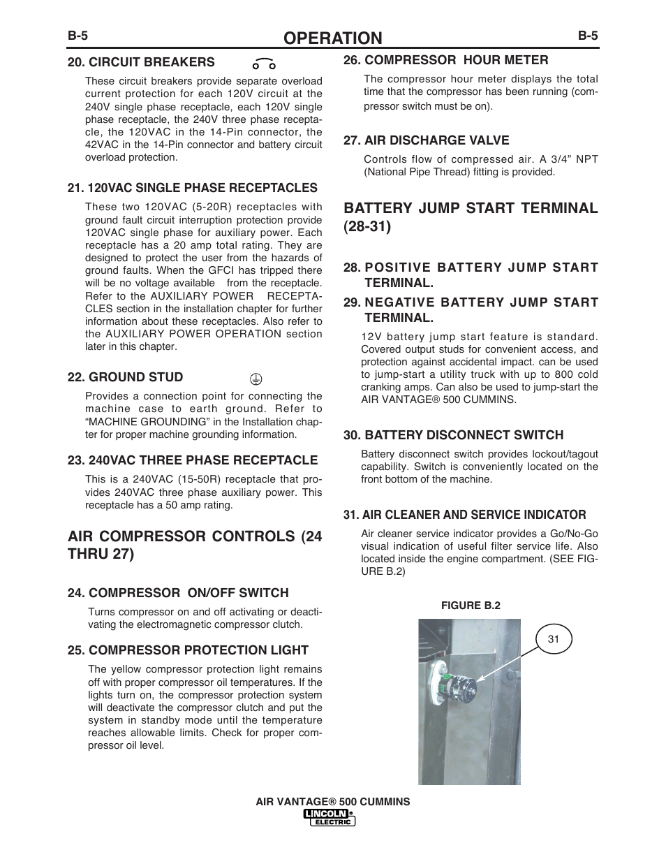 Operation, Air compressor controls (24 thru 27), Battery jump start terminal (28-31) | Lincoln Electric AIR VANTAGE IM10065 User Manual | Page 24 / 54