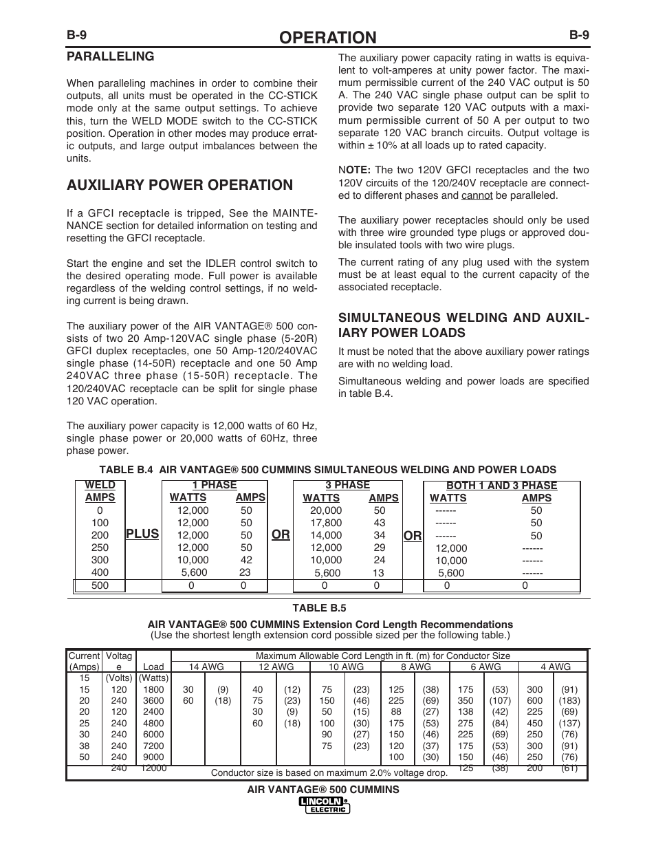 Operation, Auxiliary power operation, Paralleling | Simultaneous welding and auxil- iary power loads, Plus or or | Lincoln Electric AIR VANTAGE IM10065 User Manual | Page 28 / 54