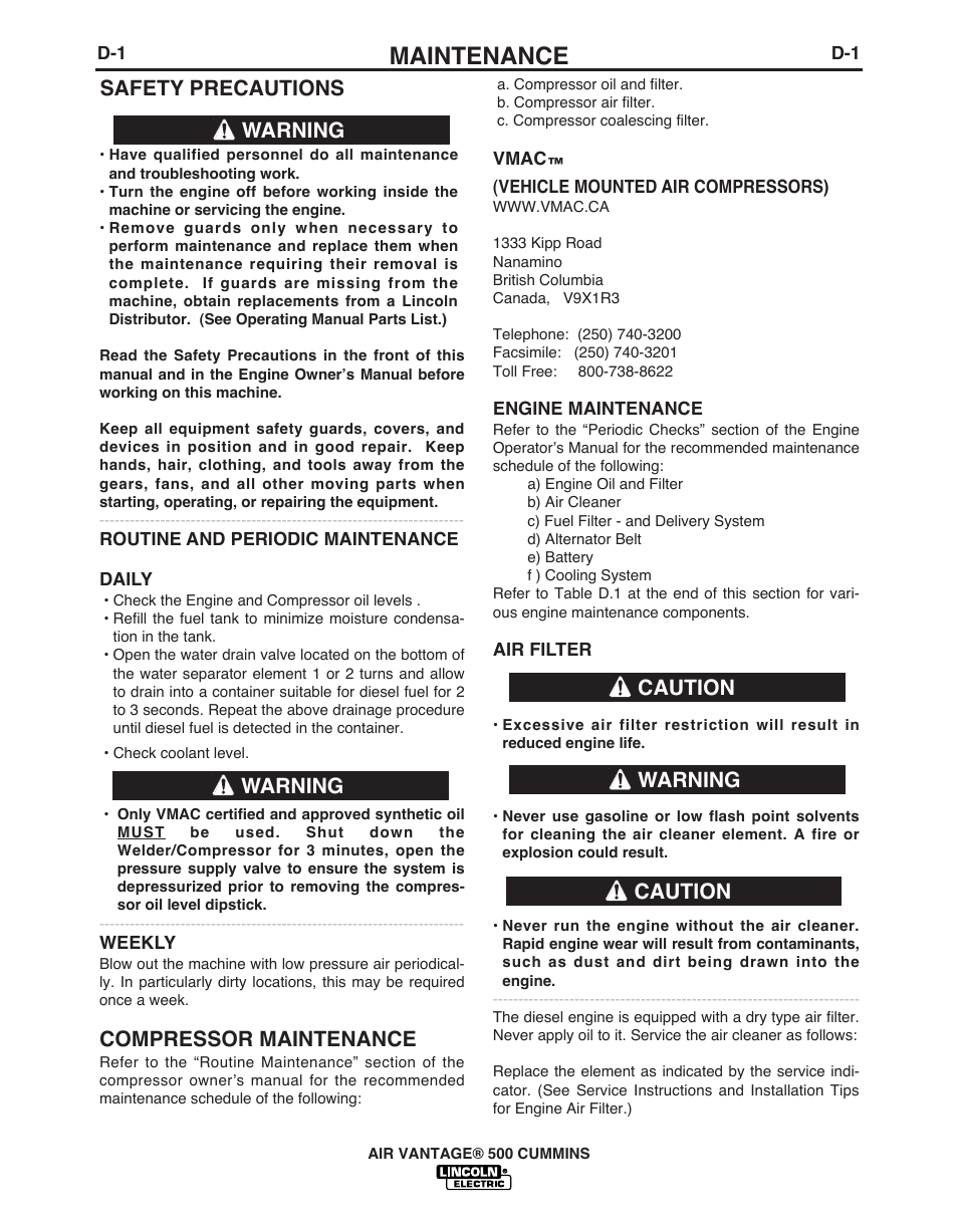 Maintenance, Safety precautions, Compressor maintenance | Warning, Warning caution caution warning | Lincoln Electric AIR VANTAGE IM10065 User Manual | Page 30 / 54