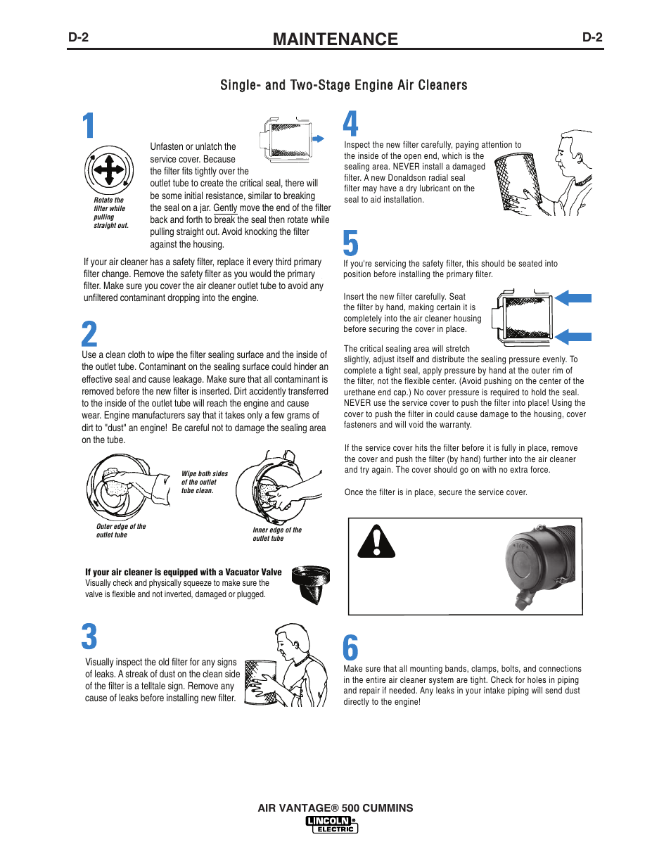 Service instructions, Maintenance, Caution | Single- and two-stage engine air cleaners | Lincoln Electric AIR VANTAGE IM10065 User Manual | Page 31 / 54