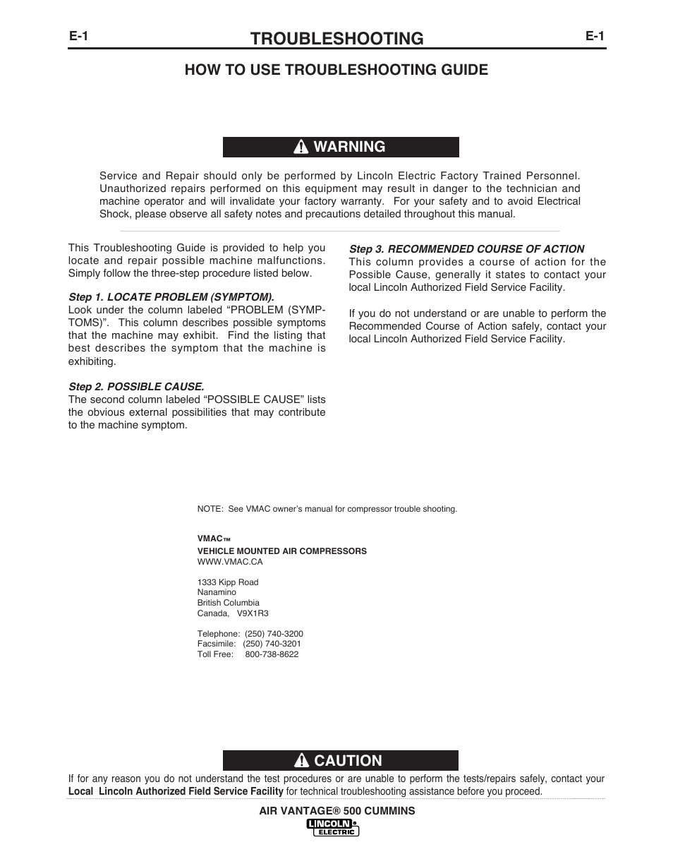 Troubleshooting, Caution, How to use troubleshooting guide | Warning | Lincoln Electric AIR VANTAGE IM10065 User Manual | Page 34 / 54