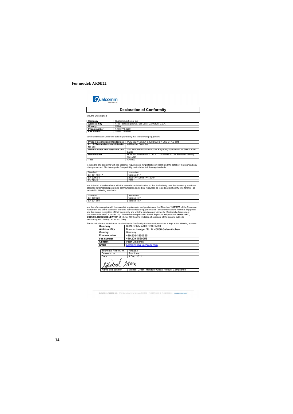 For model: ar5b22 declaration of conformity | Lenovo IdeaPad Y410p Notebook User Manual | Page 15 / 19