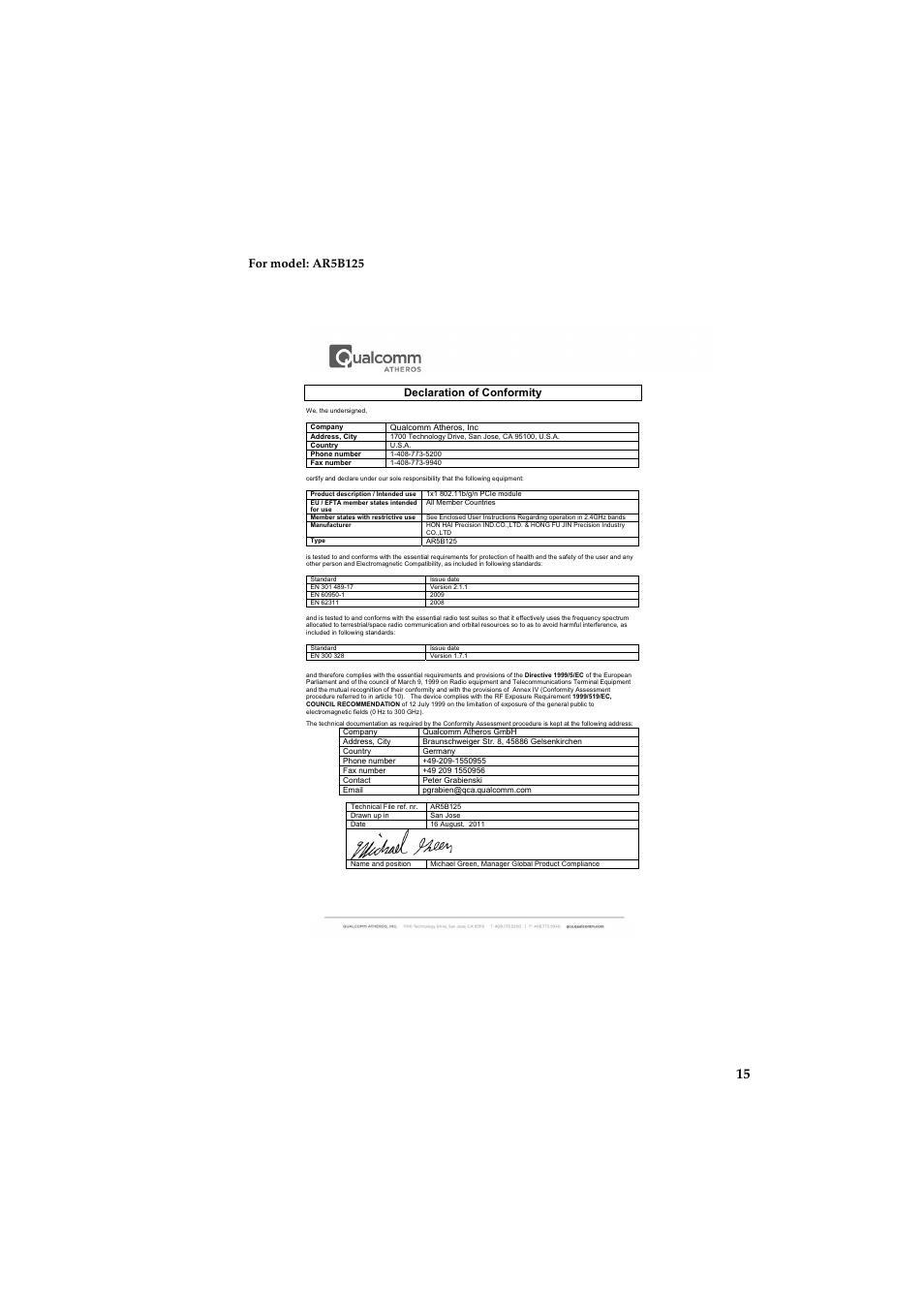 For model: ar5b125, Declaration of conformity | Lenovo IdeaPad Y410p Notebook User Manual | Page 16 / 19