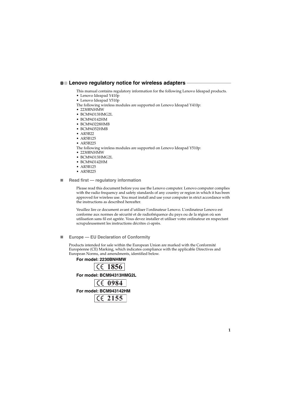 Lenovo regulatory notice for wireless adapters | Lenovo IdeaPad Y410p Notebook User Manual | Page 2 / 19