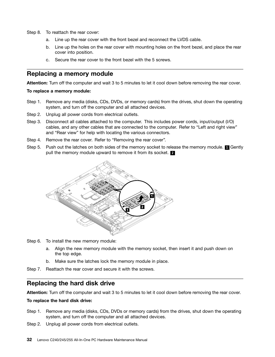 Replacing a memory module, Replacing the hard disk drive | Lenovo C240 All-in-One User Manual | Page 38 / 63