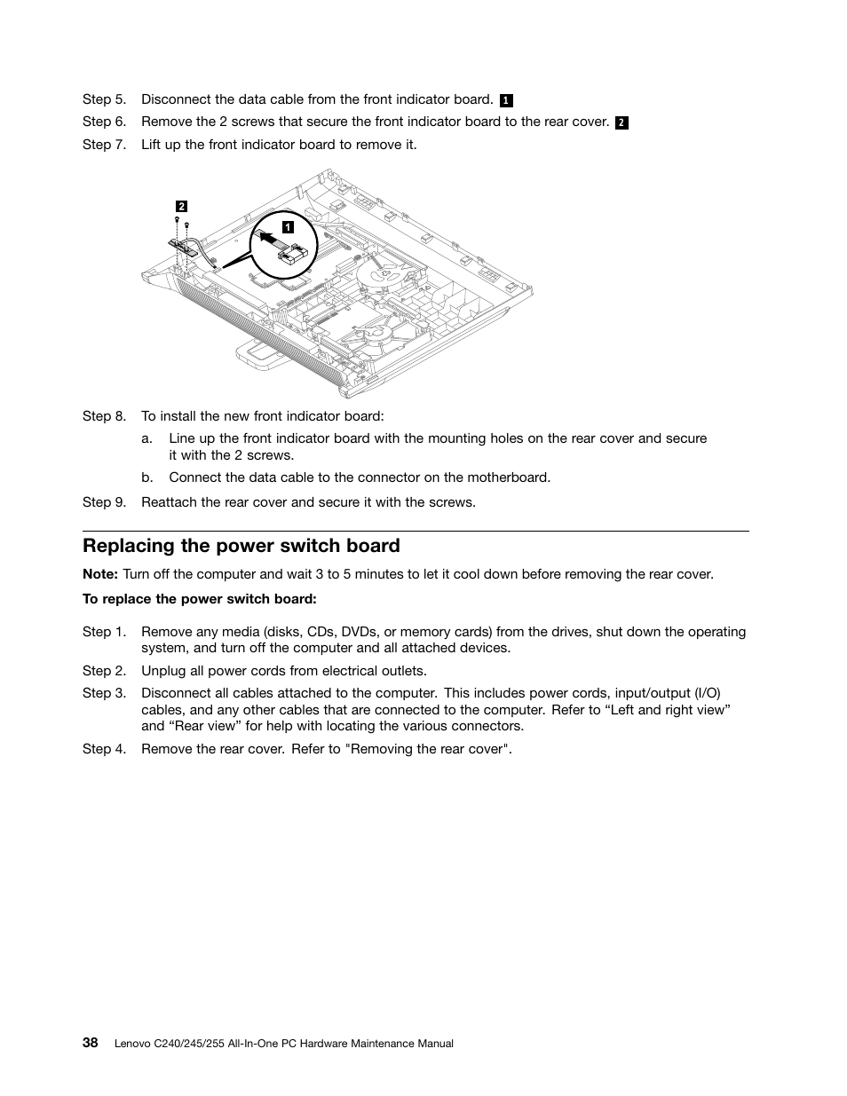 Replacing the power switch board | Lenovo C240 All-in-One User Manual | Page 44 / 63