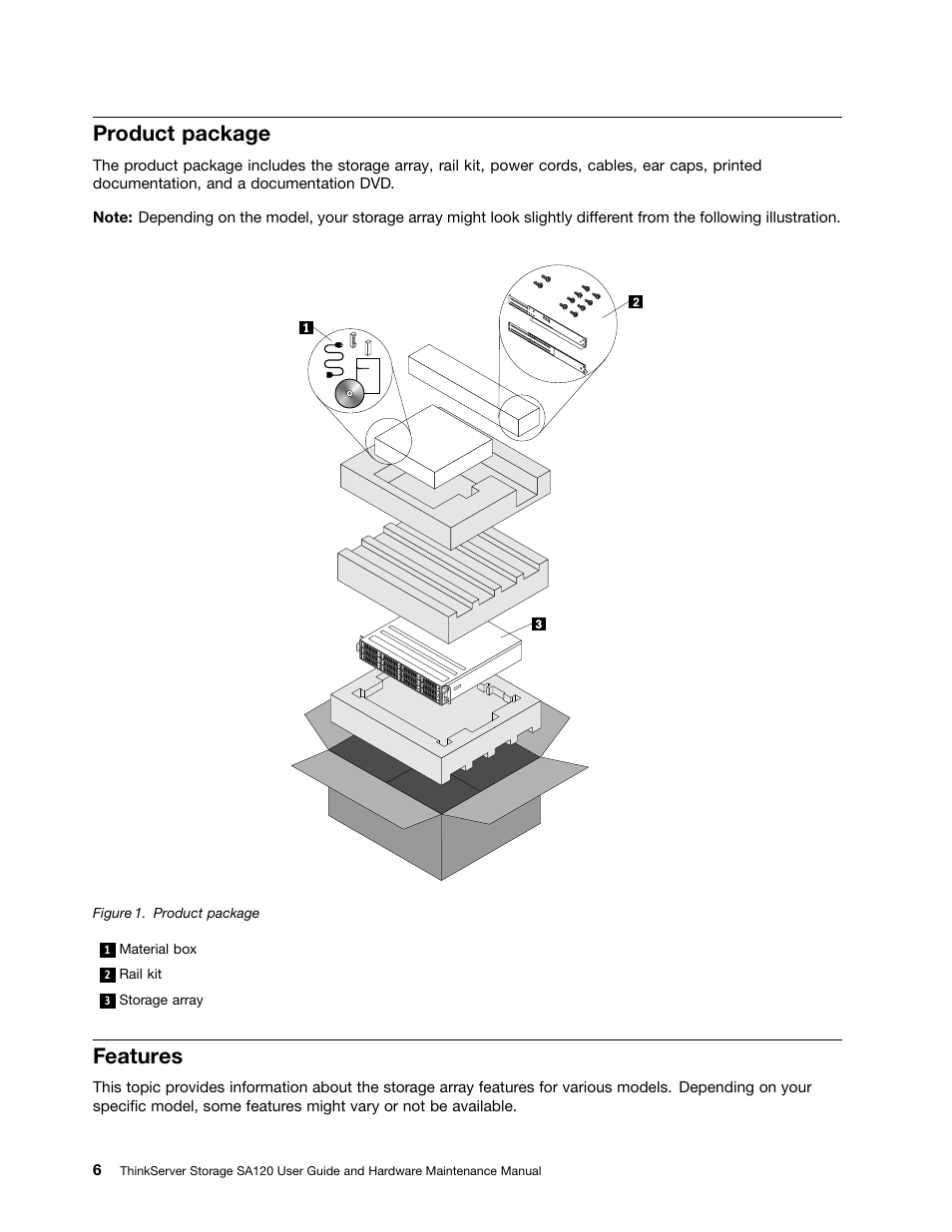 Product package, Features | Lenovo ThinkServer Storage SA120 User Manual | Page 18 / 96