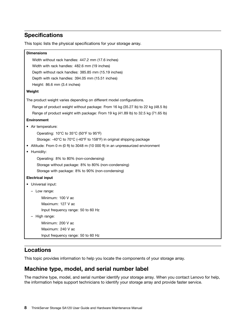 Specifications, Locations, Machine type, model, and serial number label | Lenovo ThinkServer Storage SA120 User Manual | Page 20 / 96